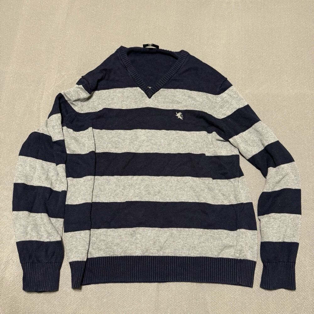Express Mens V-Neck Sweater Size L Gray Navy Blue Striped Rugby Knit Pullover